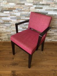 Ex Hotel Armchair with Dark Wood Arms and Red Fabric Upholstery