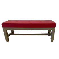 Pink Leather Seated Bench Stool seated on a Light Grey Wooden Frame Creating a Classic Look 